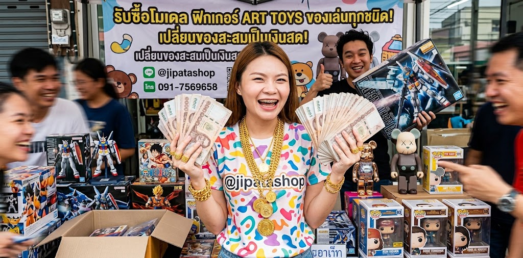 ภาพโปรโมตรับซื้อโมเดล.com ขนาด 4096x2048 แสดงบรรยากาศร้านและการรับซื้อจริง