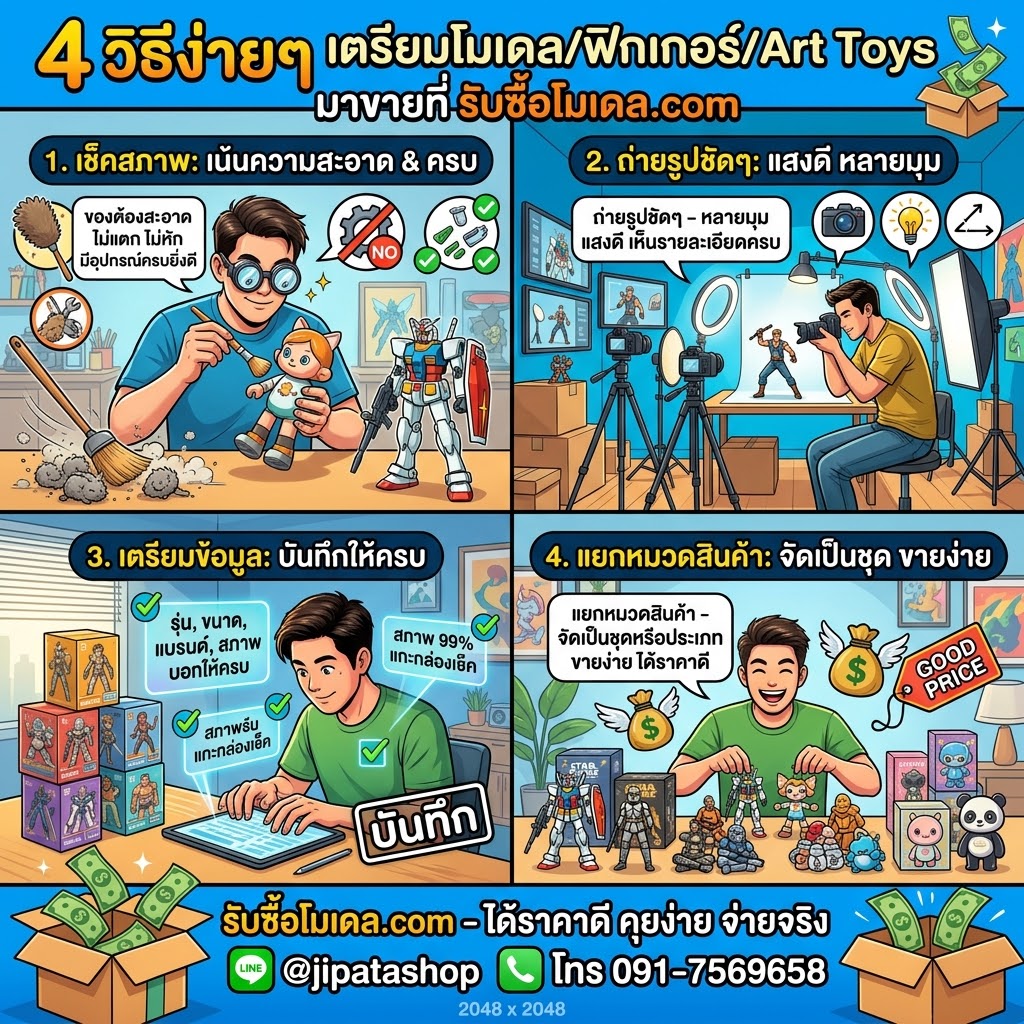 อินโฟกราฟิก 4 วิธีง่าย ๆ ในการเตรียมโมเดล ฟิกเกอร์ และ Art Toys ก่อนขาย ขนาด 2048x2048